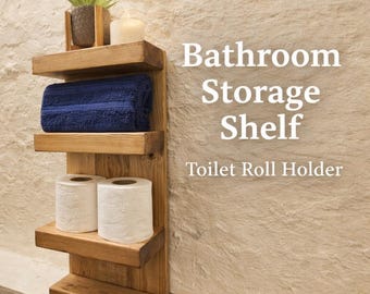 Rustic Bathroom Shelf Unit | Wooden Toilet Roll Holder | Bathroom Storage Shelf | Farmhouse Wall Shelf | Toilet Paper Holder | Small Bathroo