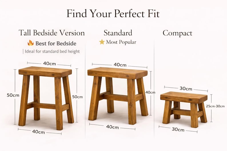May include: Three wooden stools labeled Tall Bedside Version, Standard, and Compact. The Tall Bedside Version is 40cm wide and 50cm high. The Standard stool is 40cm wide and 40cm high. The Compact stool is 30cm wide and 25cm to 30cm high.
