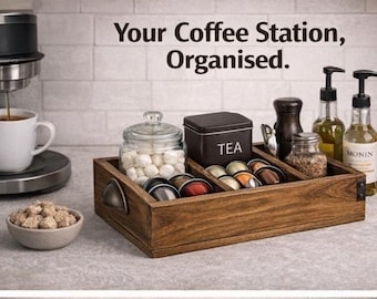 Coffee Station Organiser Wooden Tray | Coffee Pod Holder Caddy | Rustic Coffee Bar Storage | Farmhouse Coffee Setup Decor