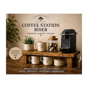 May include: A rectangular solid pine wood riser featuring a dark stained finish. The surface holds a black coffee machine, a glass jar with a wooden lid, a small potted plant, and three cream-coloured mugs labelled COFFEE with a heart icon.