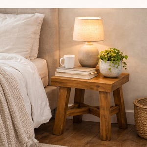 Rustic Wooden Bedside Table | Small Wooden Side Table | Farmhouse Nightstand | Bedroom Decor Stool | Compact Wood Table