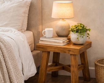 Rustic Wooden Bedside Table | Small Wooden Side Table | Farmhouse Nightstand | Bedroom Decor Stool | Compact Wood Table