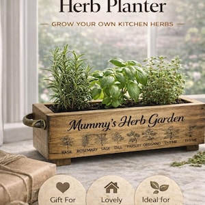 May include: Personalised wooden herb planter with the text "Mummy's Herb Garden" and various herb names. The planter contains rosemary, basil, and thyme. Includes the text "Grow Your Own Kitchen Herbs".