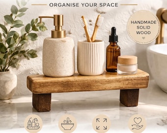 Wooden Bathroom Shelf Riser | Vanity Counter Organiser | Rustic Soap & Bottle Stand | Small Wooden Display Shelf