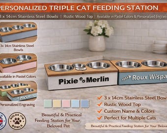 Personalized Solid Wood Triple Cat Feeding Station | Stainless Steel Bowls
