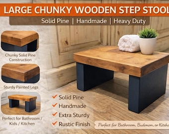 Large Chunky Wooden Step Stool | Wide Heavy Duty Stool | Rustic Oak Finish | Kitchen Step | Bathroom Stool | Handmade Wooden Stool
