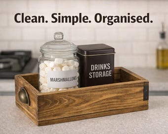 Rustic Wooden Coffee Station Caddy | Farmhouse Kitchen Counter Organiser | Solid Wood Storage Box Tray | Tea, Coffee & Sink Storage
