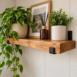 Chunky Solid Pine Wall Shelf with Black Brackets | Rustic Wooden Floating Shelf | Handmade Oak Finish | Farmhouse Wall Storage