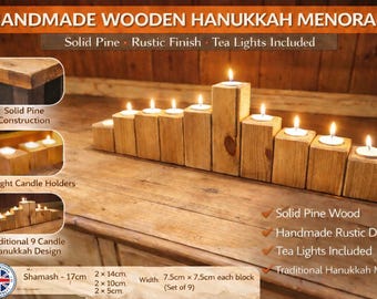Rustic Block Hannukah menorah Tea Light Candle Holder, Handcrafted Solid Wood Hannukkiya