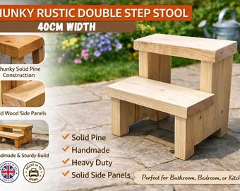 Rustic Solid Wood Handmade Wooden Two Step Stool | Farmhouse Kitchen, Bathroom, or Bedroom Decor