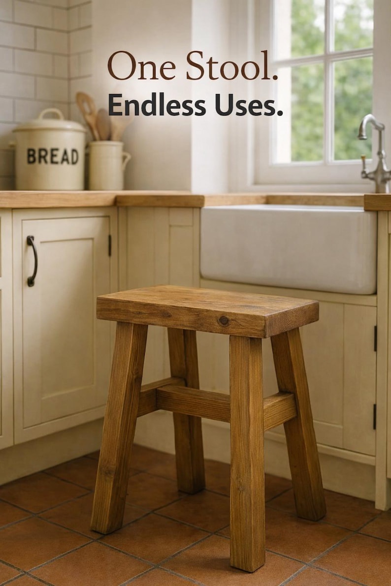 May include: A rectangular wooden stool with a natural brown finish and four sturdy legs connected by horizontal support bars. The text One Stool. Endless Uses. is displayed above the stool in a dark brown font against a kitchen background.