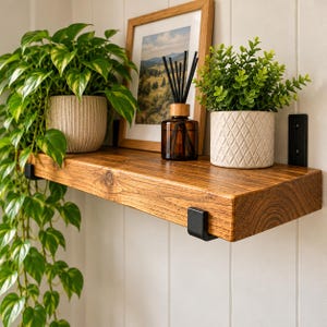 Chunky Wooden Wall Shelf, 22.5cm Deep Solid Pine Shelving, 4.5cm Thick Rustic Shelf, Black Industrial Brackets, Handmade UK