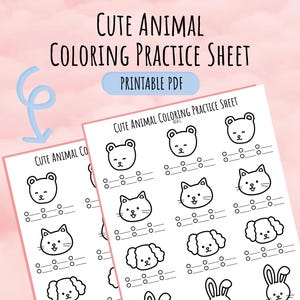 May include: Two printable PDF sheets with the text "Cute Animal Coloring Practice Sheet". Each sheet features outlines of various animals, including bears, cats, dogs, and rabbits, with spaces for coloring and practice. The background is a soft pink.