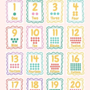 Flashcard con numeri pastello da 1 a 20 per bambini piccoli / Schede didattiche stampabili