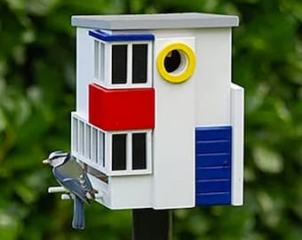 De Stijl Birdhouse and Bird Feeder | Pole Wooden House for Birds 7x8.9 Inch | 17x22 cm Bauhaus Style Modern Art Bird House for Nesting