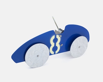 Retro Blue Metal Wind Up Race Car No. 8 - Handmade German Toy