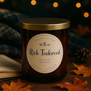 Rich Teakwood Soy Candle: Earthy Woodsy Scent in Amber Jar