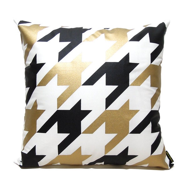 SALE 15% OFF-Houndstooth Pillow Cover-black and gold printed in white cotton-16"(40CM)
