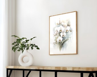 White Orchid Watercolor Print, Watercolor Orchid Wall Art, White Flower Wall Art, Watercolor Floral Art Print, Orchid Art, Instant Download