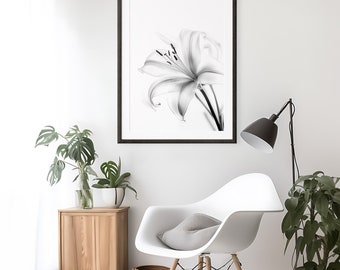 Lily Flower Wall Art, Monochrome Floral Print, Lily Flower Photography, Modern Black and White, Printable Artwork, Instant Download