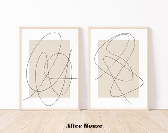 Set of 2 One Line Drawing Print, Black Beige White, Minimalist Art, Abstract Art, Continuous Line Drawing, Line Drawing, Instant Download