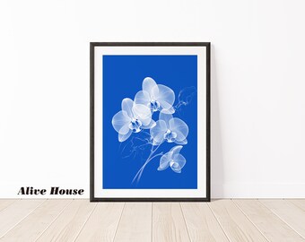 Orchid Flower Wall Art, Monochrome Floral Print, Orchid Flower Photography, Modern Blue and White, Printable Artwork, Instant Download