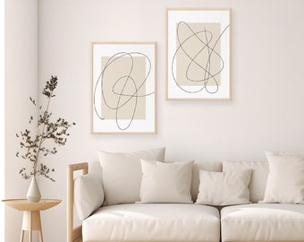 Set of 2 Minimalism in White Beige Black Line Art, Abstract, Continuous Line Drawing, Minimalist Art Print, Line Drawing, Instant Download