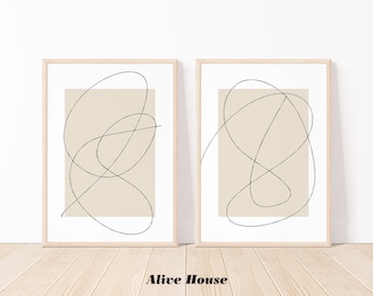 Set of 2, Abstract Line Art, Continuous Line Drawing, White Beige Black, Abstract Art, Wall Art, Modern Line Drawing, Instant Download