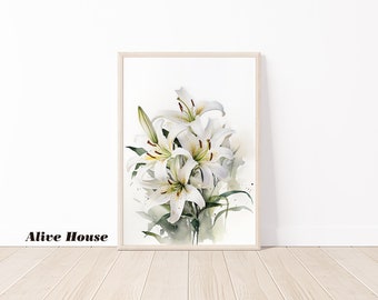 Watercolor Lily Floral Art Print, Botanical Lily Art Print, Lily Decor, Lily Blossom Watercolor Artwork, Lily illustration Instant Download