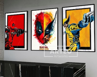 Paquete de 3 impresiones de Deadpool y Wolverine listas para colgar, arte de pared con impresión láser digital, decoración enmarcada, arte de pared moderno para sala de estar, decoración del hogar de superhéroes