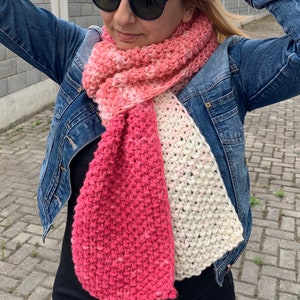 Hand Knitted scarf in pin and white colors , Winter knitted scarf. Handmade scarf. Women scarf, Colorful, pink knitted scarf
