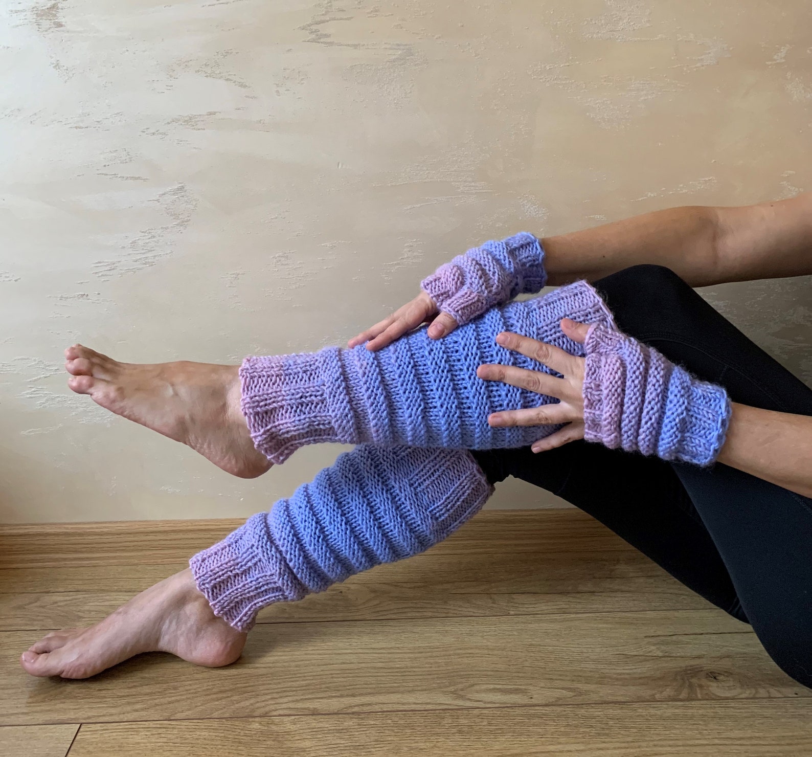 Hand Knitted Leg Warmers and Fingerless Gloves SET in Purple Etsy