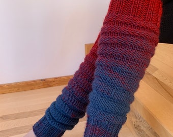 Blue and red handknitted leg warmers, hand knitted legwarmers, yoga socks, fitness, dance