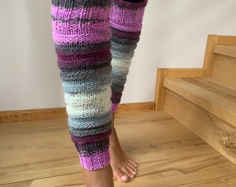 Hand knitted leg warmers in purple and gray, hand knitted violet and grey leg warmers, yoga socks, fitness, dance