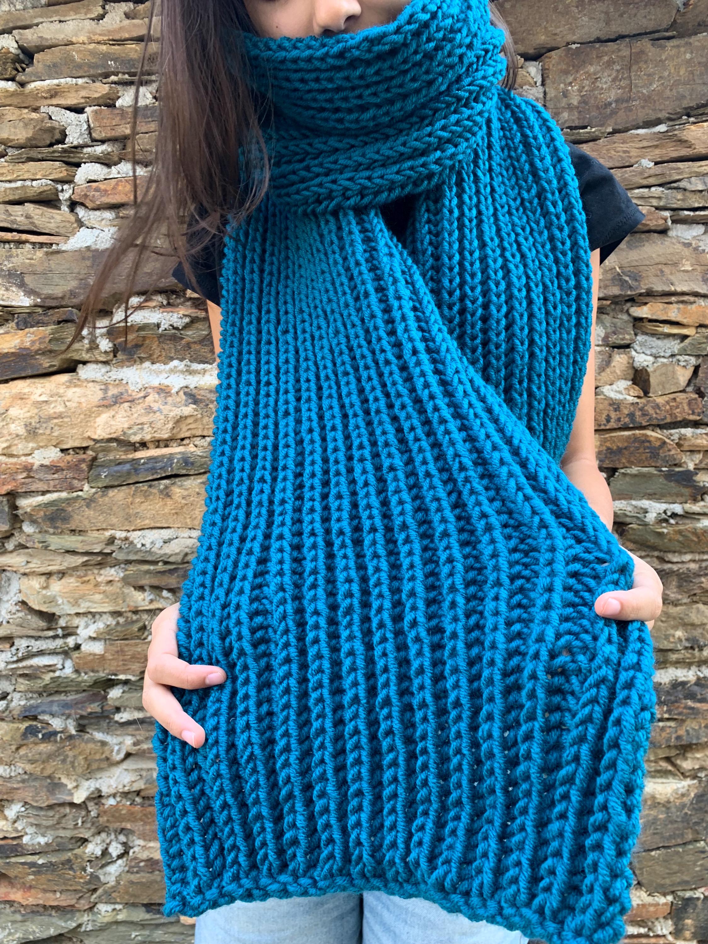 ★ADAUL★ Wool long wide muffler sky blue Oversized Blue Knitted Scarf. Petrol Blue Scarf. Hand