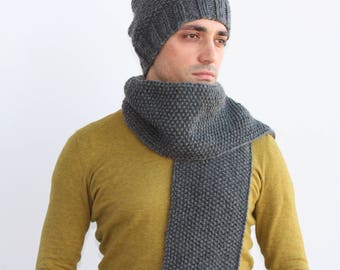 Mens winter hand knitted scarf in gray, Mens knitted scarf, READY FOR SHIPPING