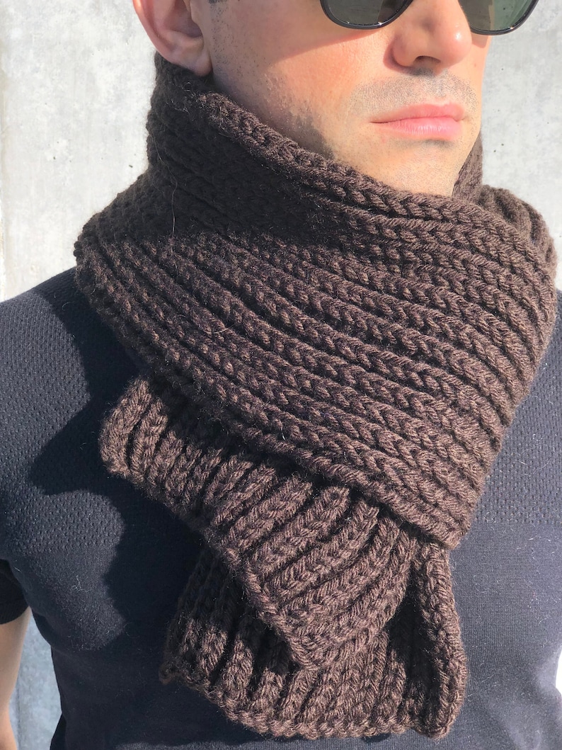 Chocolate Brown Wool Mens Scarf, Mens Brown Knit Scarf, Dark Brown