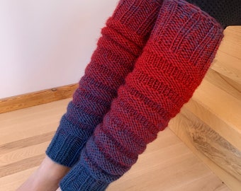 Blue and red handknitted leg warmers, hand knitted legwarmers, yoga socks, fitness, dance