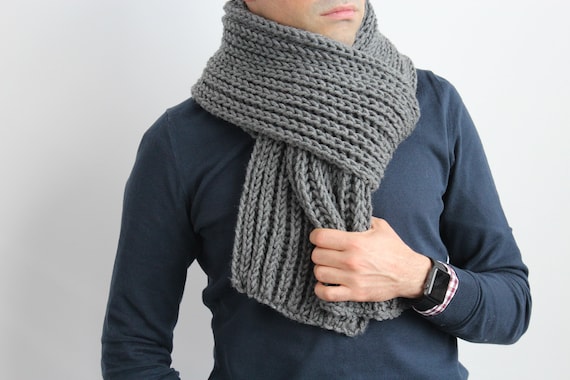 Mens Scarf Hand Knit Mens Scarf In Charcoal Grey Dark Gray Hand Knitted Scarf Gift For Him