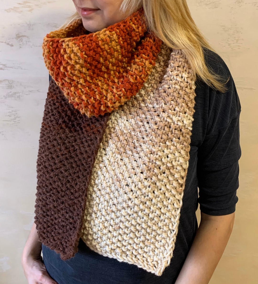 Brown Hand Knitted Scarf Winter Knitted Scarf Bright and Dark Etsy