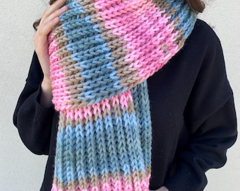 Candy Hand knitted scarf in blue and pink, Winter knitted scarf. Handmade scarf. Women scarf, Teen, Colorful, Multicolour