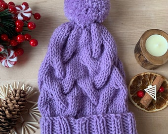 Purple warm hand knitted pom pom hat, READY FOR SHIPPING