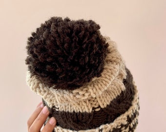 Beige and brown hand knitted hat, bright beige and chocolate brown hat, big pom pom hat, READY FOR SHIPPING