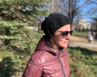 Hand Knitted Chunky Black Winter Hat – Merino Wool Blend