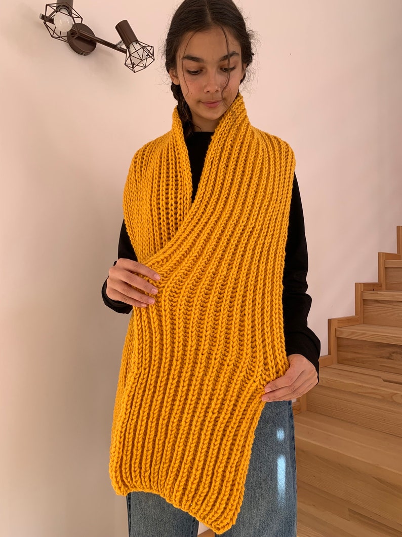 Oversized yellow hand knitted scarf, hand knitted scarf in yellow, Women knit scarf, READY FOR SHIPPING image 2