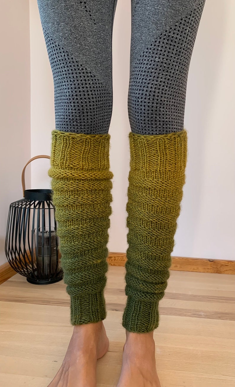 Hand Knitted leg warmers in shades of green , hand knitted green legwarmers, yoga socks, fitness, dance image 3