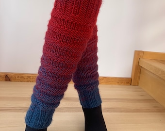 Blue and red handknitted leg warmers, hand knitted legwarmers, yoga socks, fitness, dance