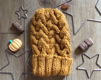 Mustard yellow hand knitted hat, winter warm wool hat, hand knitted, READY FOR SHIPPING