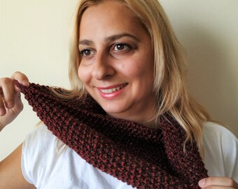 Winter hand knitted snood in red and black, READY FOR SHIPPING