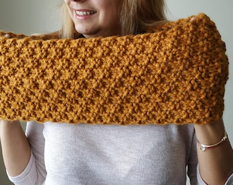 Hand Knitted Neck Scarf in mustard yellow, extra warm and thick, Hand Knitted Infinity Scarf, READY FOR SHIPPING